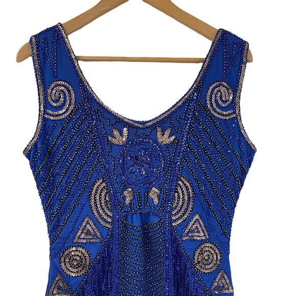 Unique Vintage Royal Blue Flapper Mini Dress S Beaded Sequin Fringe NWT - Picture 9 of 10
